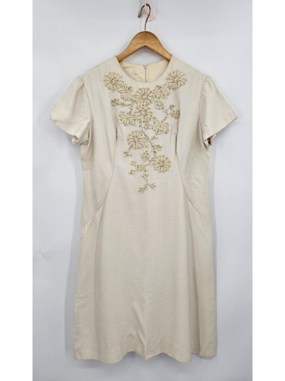 VTG Sylvia Ann Cream Shift Dress Womens 12? Raw Silk Floral Rhinestones